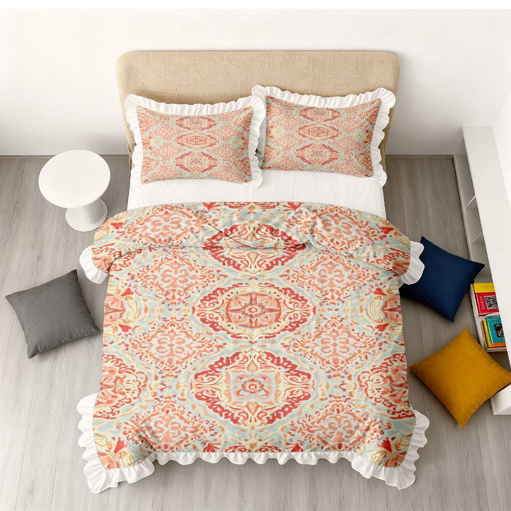 A Vintage Geometric Floral Pattern Duvet Cover Set with Ruffled Edges, Available in Multiple Sizes, Soft And Skin-Friendly, Machine Washable, Suitable for Bedrooms, Guest Rooms, Dormitories, And B&Bs (Includes 1 Duvet Cover + 1\u002F2 Pillowcases