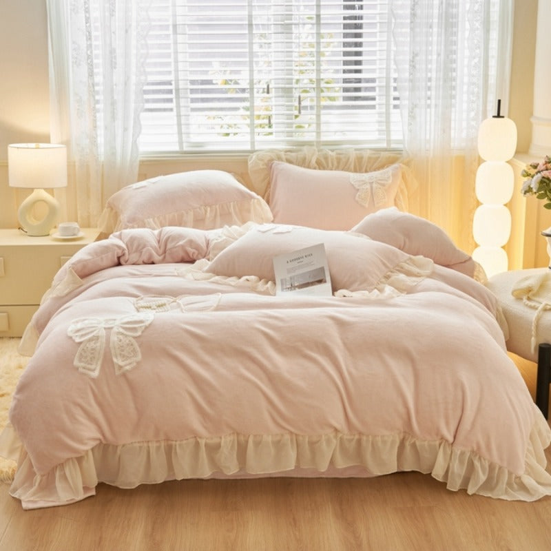 4pcs Thickened Warm Duvet Cover Set, 2024 New Ins-Style Girly Princess Style Patchwork Milk 4pcs Set, Warmth - You Pink