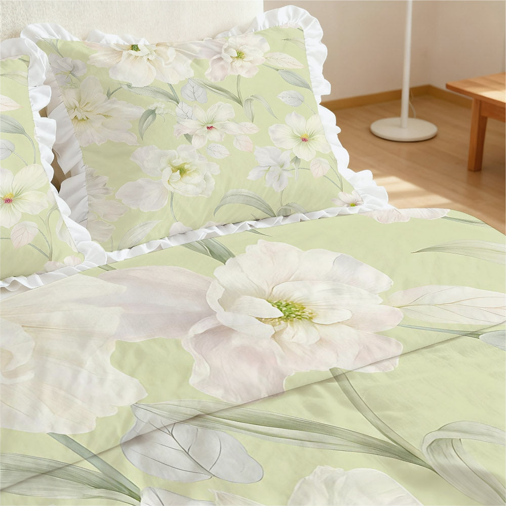 A Set of Light Green Duvet Cover with Floral Patterns And Ruffled Edges, Available in Multiple Sizes, Soft And Skin-Friendly, Machine Washable, Suitable for Bedrooms, Guest Rooms, Dormitories