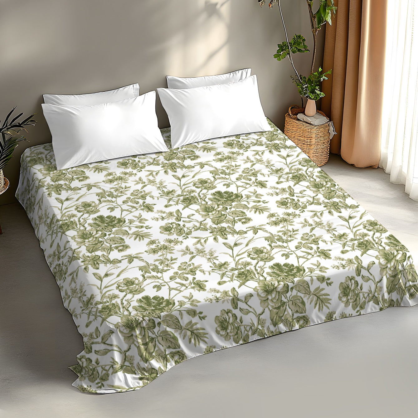 1pc 2D Flat Bed Sheet with Green Floral Pattern Design, Ultra-Soft Brushed Digital Print, Soft and Comfortable, Pillowcase Not Included, Suitable as a Valentine's Day Gift, Birthday Gift, Holiday Gift, for Over a Hundred Applications Such