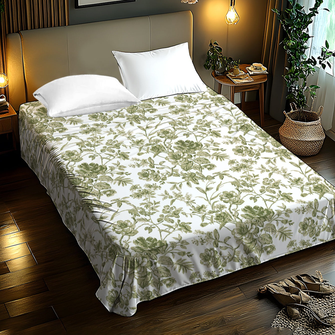 1pc 2D Flat Bed Sheet with Green Floral Pattern Design, Ultra-Soft Brushed Digital Print, Soft and Comfortable, Pillowcase Not Included, Suitable as a Valentine's Day Gift, Birthday Gift, Holiday Gift, for Over a Hundred Applications Such